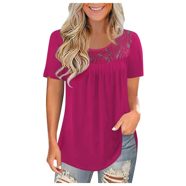 Women's Plus Size Short Sleeved Lace Pleated Shirt Summer Shirt Top Red - Shop at LoveMi