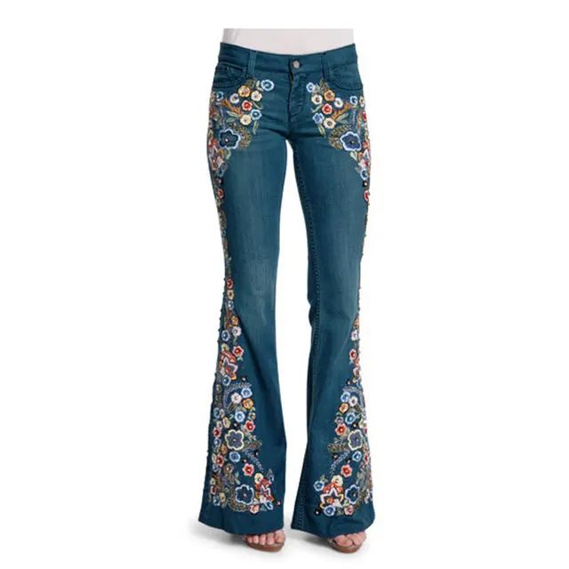 Embroidered Slim Slimming Washed Flared Pants Dark Blue - Shop at LoveMi