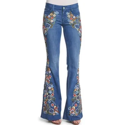 Embroidered Slim Slimming Washed Flared Pants Light Blue - Shop at LoveMi