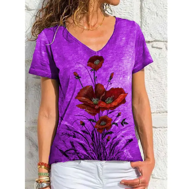 Fashion Ladies Simple V neck Printed Short Sleeve Purple - Shop at LoveMi