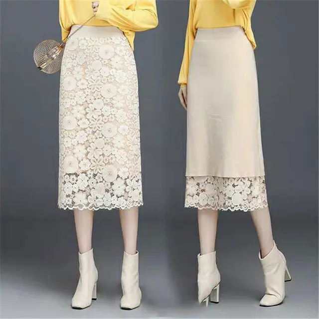 Two sided Knit Bag Hip Skirt Spring And Autumn New High waist Mid length One step Skirt Apricot - Shop at LoveMi