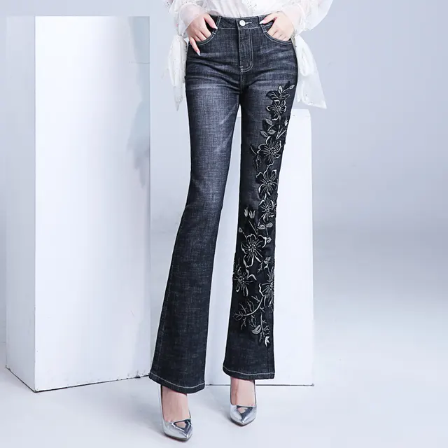 Women's Embroidered Bootcut Jeans High Waist Slim Fit Flared Trousers Blue - Shop at LoveMi