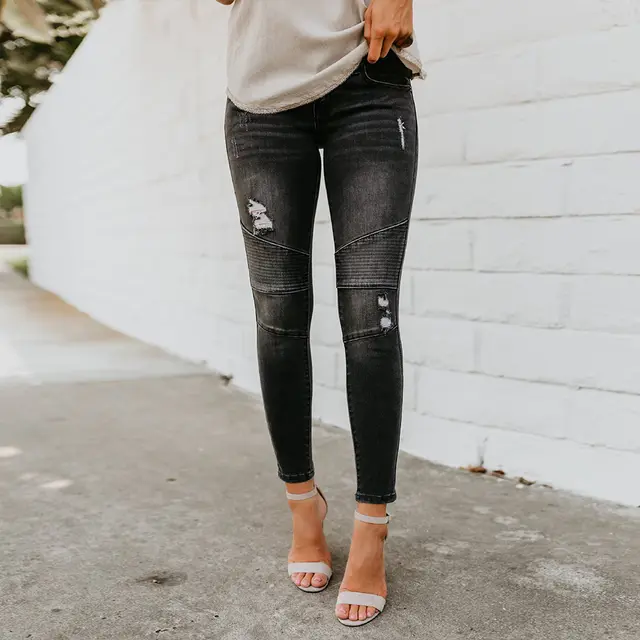 Pleated Ripped Elastic Pencil Skinny Jeans Women's Feet Pants Black - Shop at LoveMi