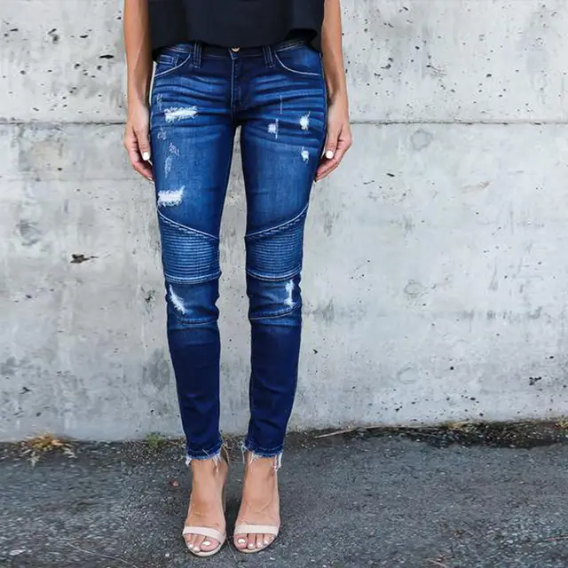 Pleated Ripped Elastic Pencil Skinny Jeans Women's Feet Pants Navy Blue - Shop at LoveMi