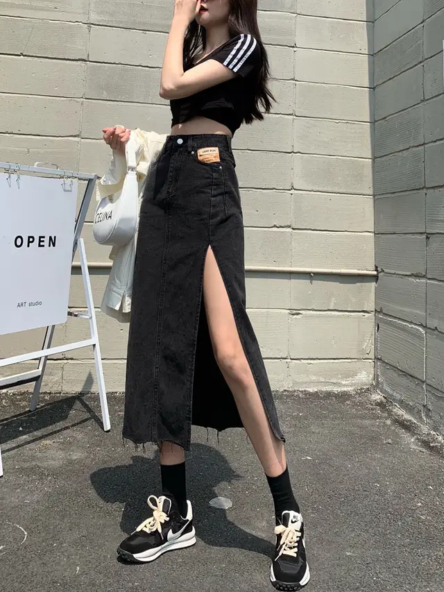 Women's High Waist Side Slit Denim Skirt Black - Shop at LoveMi