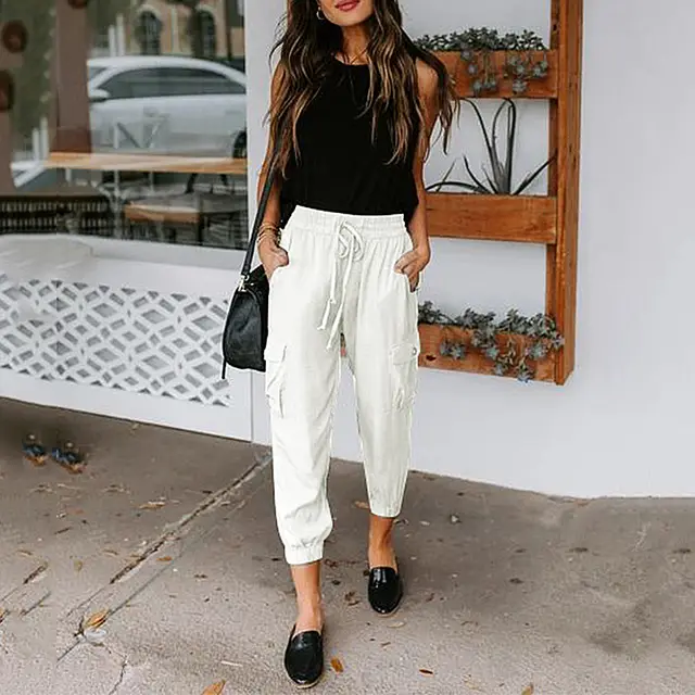Loose Slacks Pocket Drawstring Drawstring Pants White - Shop at LoveMi