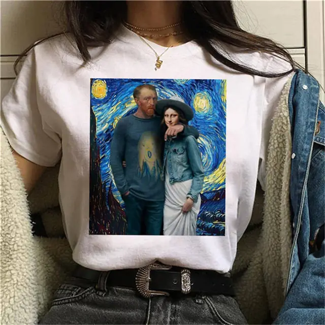Round Neck Painting Mona Lisa Print Short Sleeves 21Color - Shop at LoveMi