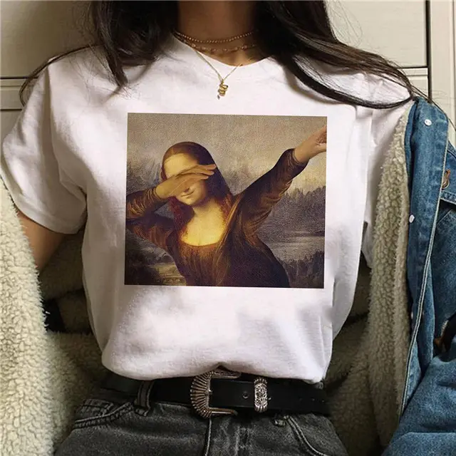Round Neck Painting Mona Lisa Print Short Sleeves 8 Color - Shop at LoveMi
