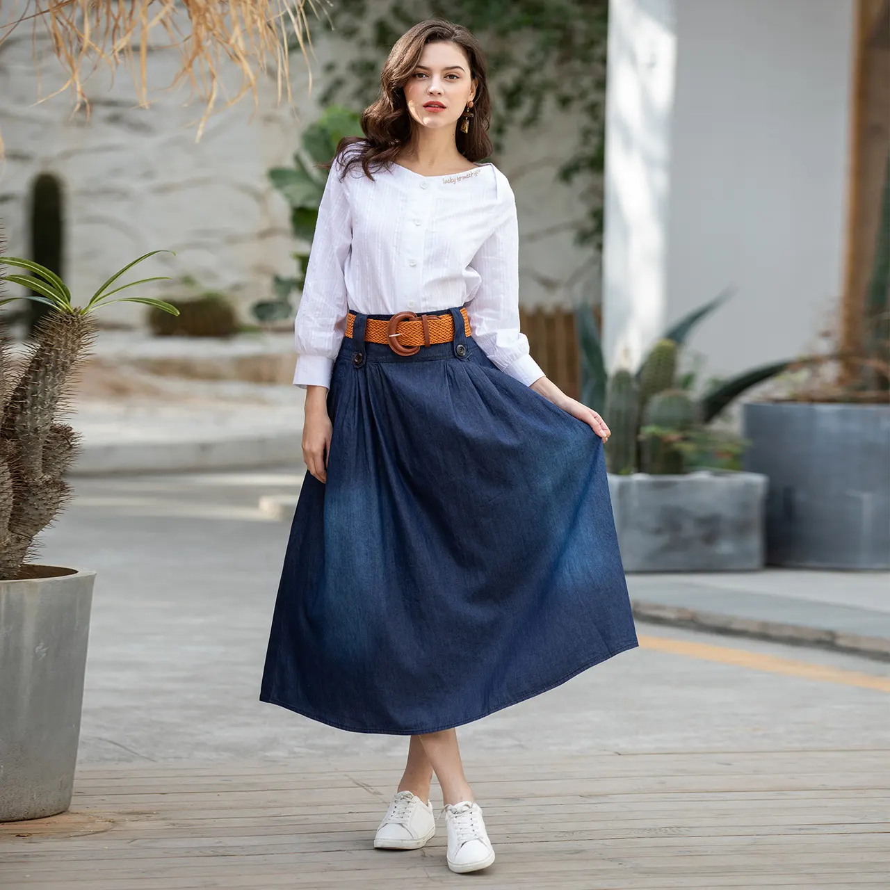Thin Elastic Waist Denim Long Skirt - Dark Blue