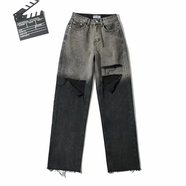 Street Hipster Boyfriend Style Personality Ripped Jeans Spring New Women's Pants Fashion Gradient Color Design Straight Pants Black - Shop at LoveMi