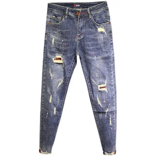 Trendy Fashion Color Splash Ink Cat Must Hole Jeans Blue - Shop at LoveMi