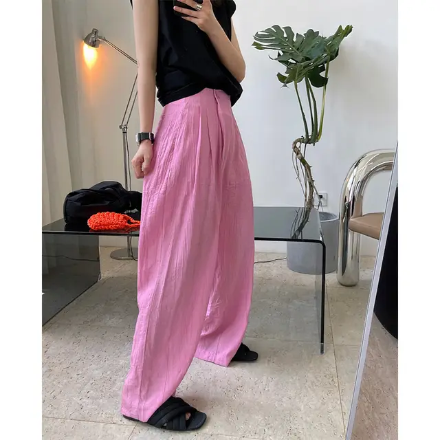Textured Diagonal Placket Slacks Pink - Shop at LoveMi