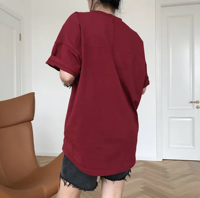 Simple And Fashionable Profile Round Neck T Shirt Loose And Thin Solid Color Crisp Short Sleeve Blouse Red - Shop at LoveMi