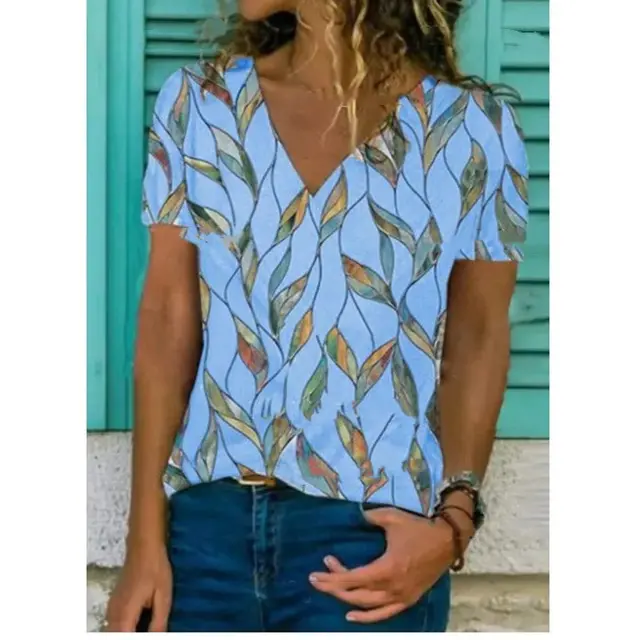 Summer Short Sleeved Loose Print Temperament V Neck Blue Vest Blue - Shop at LoveMi