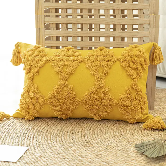 Home Furnishing Tufted Throw Pillow With Tassels Sofa Pillow Cushion Yellow Waist Pillow - Shop at LoveMi