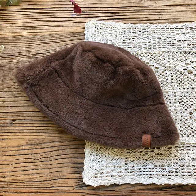 Faux Rabbit Fluffy Fisherman Hat Female High Cold Basin Hat Brown - Shop at LoveMi