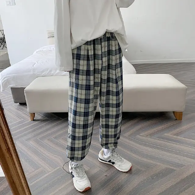 Straight Sports All match Plaid Cropped Trousers Blue - Shop at LoveMi