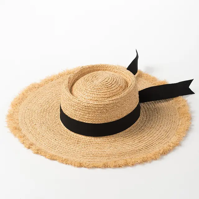 Raffia Hat With Ring Flat Top Bow And Ribbon Natural Color - Shop at LoveMi