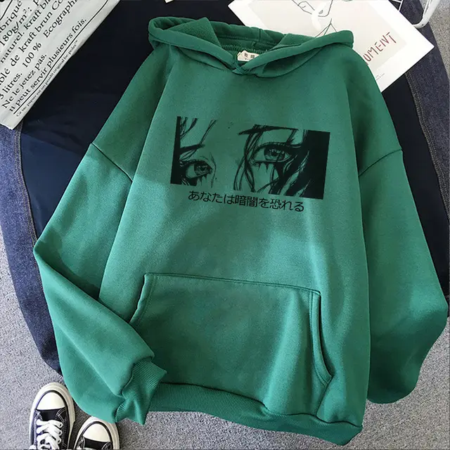 Japanese Horror Letter Large Size Punk Fun Fashion Casual Hoodie Green - Shop at LoveMi