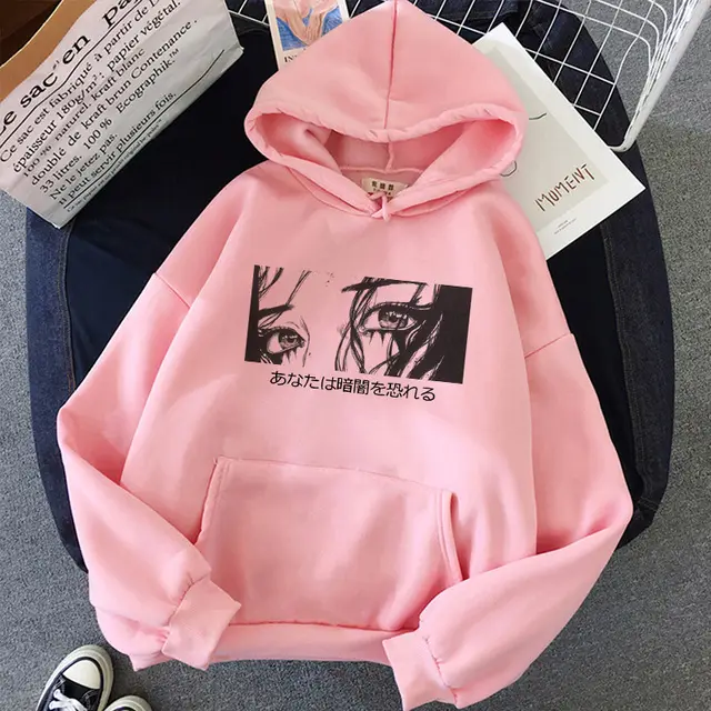 Japanese Horror Letter Large Size Punk Fun Fashion Casual Hoodie Pink - Shop at LoveMi