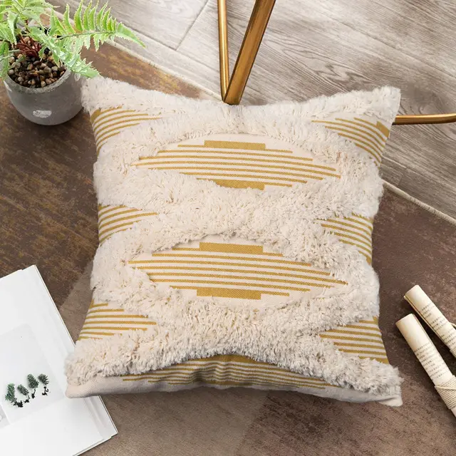 Home Furnishing Cotton Woven Pinstripe Printed Tufted Pillowcase Sofa Cushion Car Waist Without Core Yellow - Shop at LoveMi