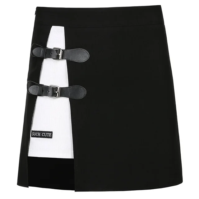 Leather Button Embroidered High waist Skirt Black - Shop at LoveMi