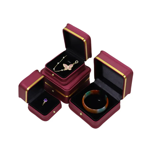 Round Corner Gold Rim Pu Leather Jewelry Box Wine Red - Shop at LoveMi
