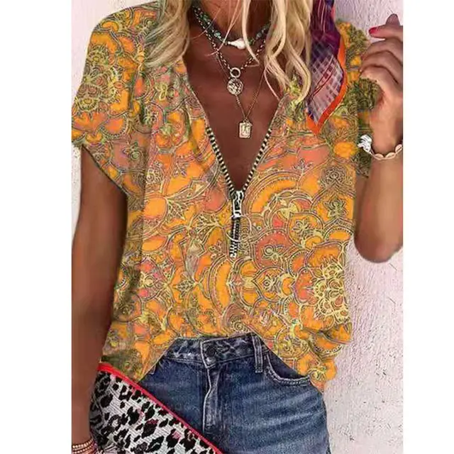 Fashion Women's Zipper Printed Shirt Yellow - Shop at LoveMi