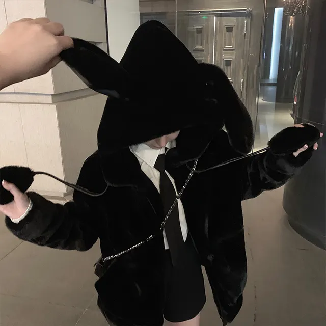 Moving Rabbit Ears Imitated Rabbit Fur Coat Female Lamb Hair Black - Shop at LoveMi