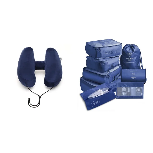 Hooded Travel Pillow H Shaped Inflatable Neck Pillow Folding Lightweight Nap Car Seat Office Airplane Sleeping Cushion Pillows Navy Blue Set - Shop at LoveMi