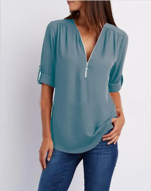 V neck Zipper Plus Size Women's Long sleeved Pull over Sleeve Loose Chiffon Shirt Blue - Shop at LoveMi