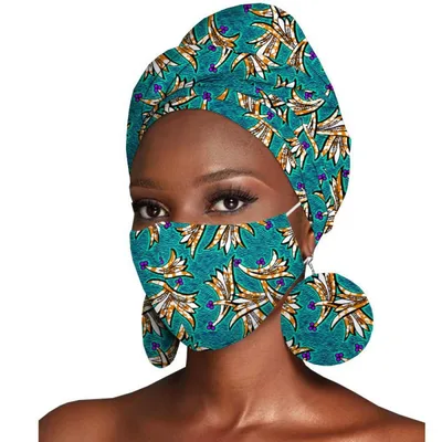 Featured Three Piece Set Of Cotton Batik Print Headscarf Earrings Q - Shop at LoveMi