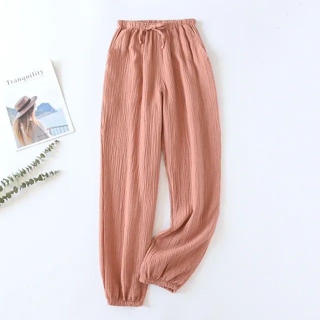 Summer Cotton Women's Loose Home Trousers Cotton Crepe Pajama Pants Brick Red - Shop at LoveMi