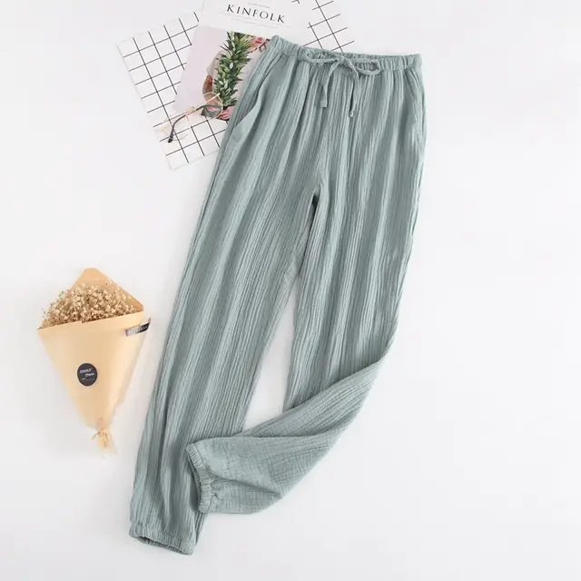 Summer Cotton Women's Loose Home Trousers Cotton Crepe Pajama Pants Green - Shop at LoveMi