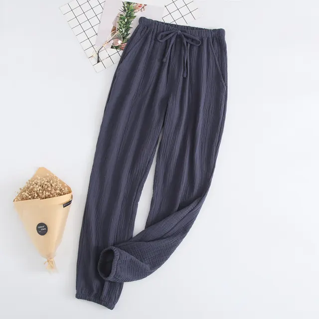 Summer Cotton Women's Loose Home Trousers Cotton Crepe Pajama Pants Navy Blue - Shop at LoveMi
