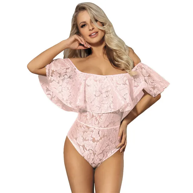 Sexy One piece Off the shoulder Pajamas With Lotus Leaf Collar Pink - Shop at LoveMi