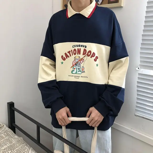 Sweatshirt Autumn Casual Retro Letter Bear Print Striped Patchwork Polo Collar Harajuku Super Dalian Pullover Top Navy - Shop at LoveMi