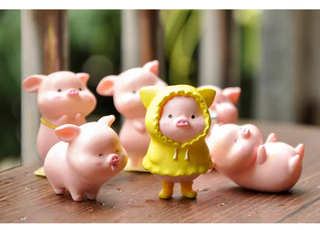 Cute Net Red Drink Milk Red Envelope Piggy Doll Raincoat Rich Pig Ornaments Desktop Cake Decoration Blind Box 6Little Pigs - Shop at LoveMi