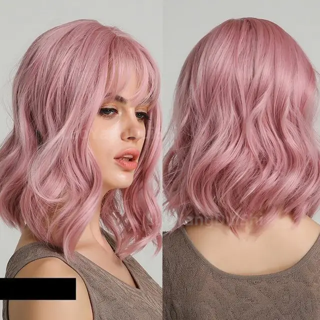 New Natural Wave Wig, Short Curly Hair, Purple Wig Set, Curly Hair With Bangs Pink - Shop at LoveMi