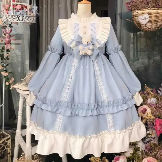 A Full Set Of Japanese Cute Loli Student Dress Lolita Soft Girl Skirt Blue - Shop at LoveMi