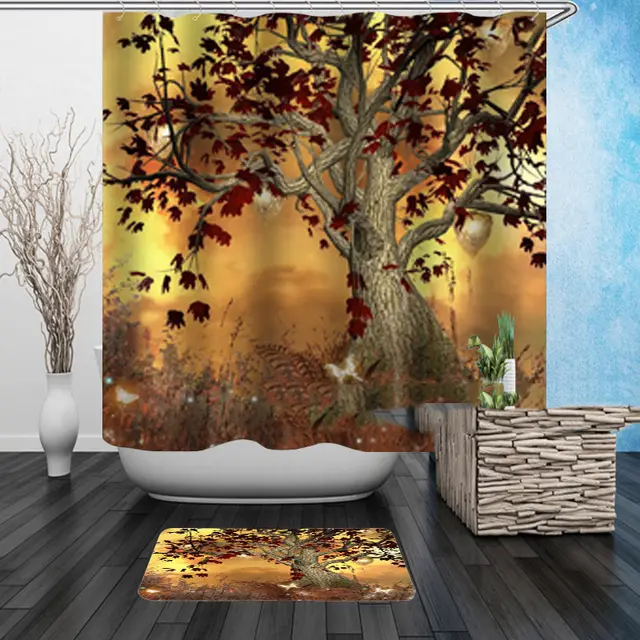 Colorful Ink Digital Printing Waterproof Mould Proof Tree Shower Curtain C Type Plastic Hook Pure Copper Buttonhole Can Be Thickened 1Style - Shop at LoveMi