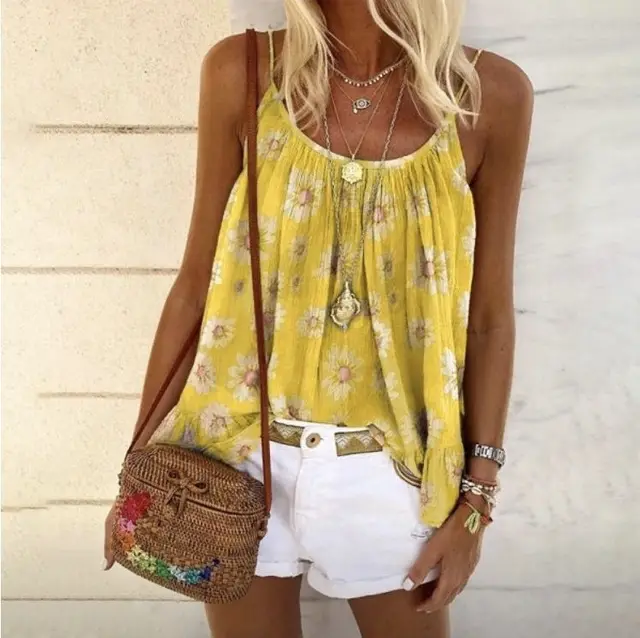 Women's Top Loose Floral Print Camisole T Shirt Yellow - Shop at LoveMi