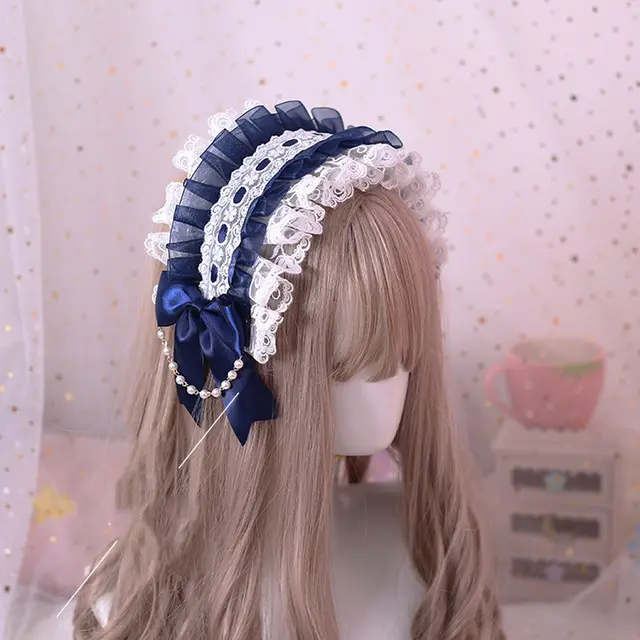 Multicolor Hand made Lolita Headband, Gorgeous Lace And Soft Girl Hair Accessories Dark Blue - Shop at LoveMi