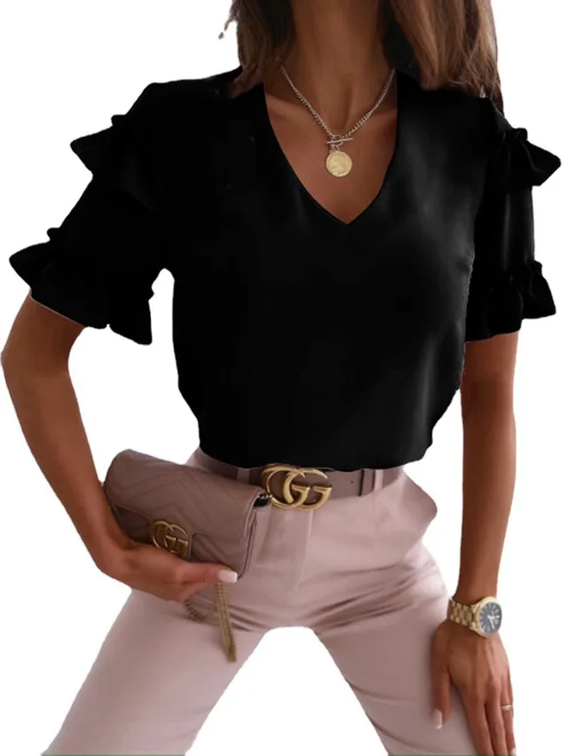 Pure Color Ruffled Short Sleeved V Neck Simple Shirt For Women Black - Shop at LoveMi