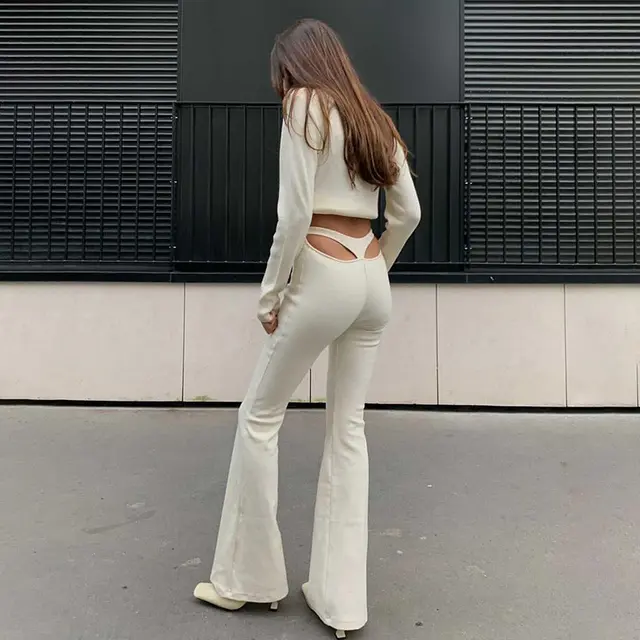 High waisted Casual Waist Cutout Trousers White - Shop at LoveMi