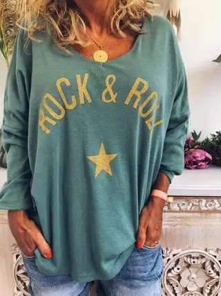 V-neck Letter Print Long-sleeved T-shirt - Green