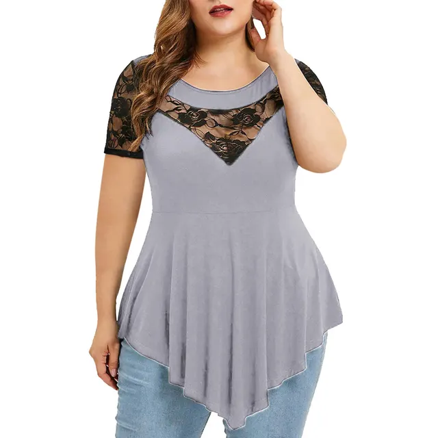 Women's Large Size Floral Lace Short Sleeve Irregular Hem See through Round Neck Women's Blouse Grey - Shop at LoveMi