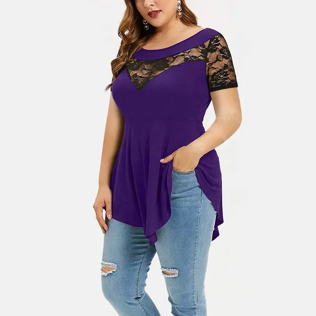 Women's Large Size Floral Lace Short Sleeve Irregular Hem See through Round Neck Women's Blouse Purple - Shop at LoveMi