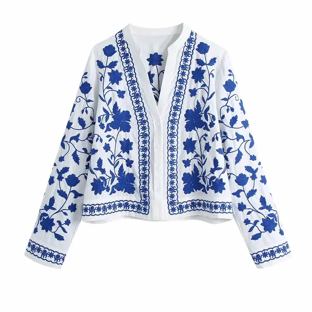 Women'S Retro Blue And White Porcelain Embroidered Shirt Blue - Shop at LoveMi