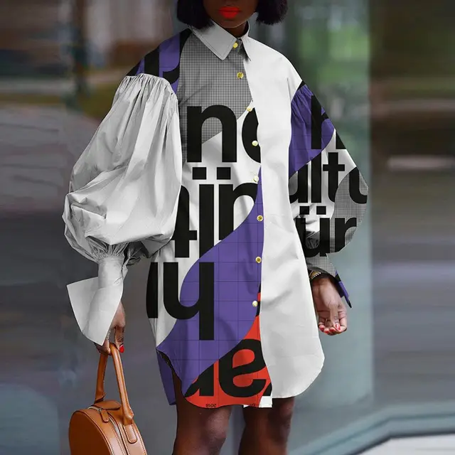 Mini Shirt Dress Casual Fashion Letter Print Long Lantern Sleeve Purple - Shop at LoveMi